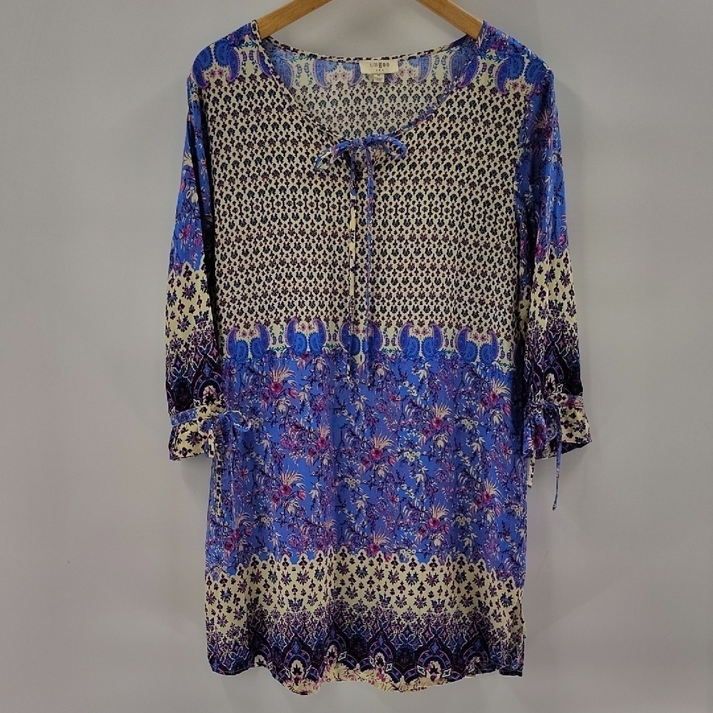 Umgee Women's Shift Dress Medium 3/4 Sleeve Vibrant Pink Blue Colors
